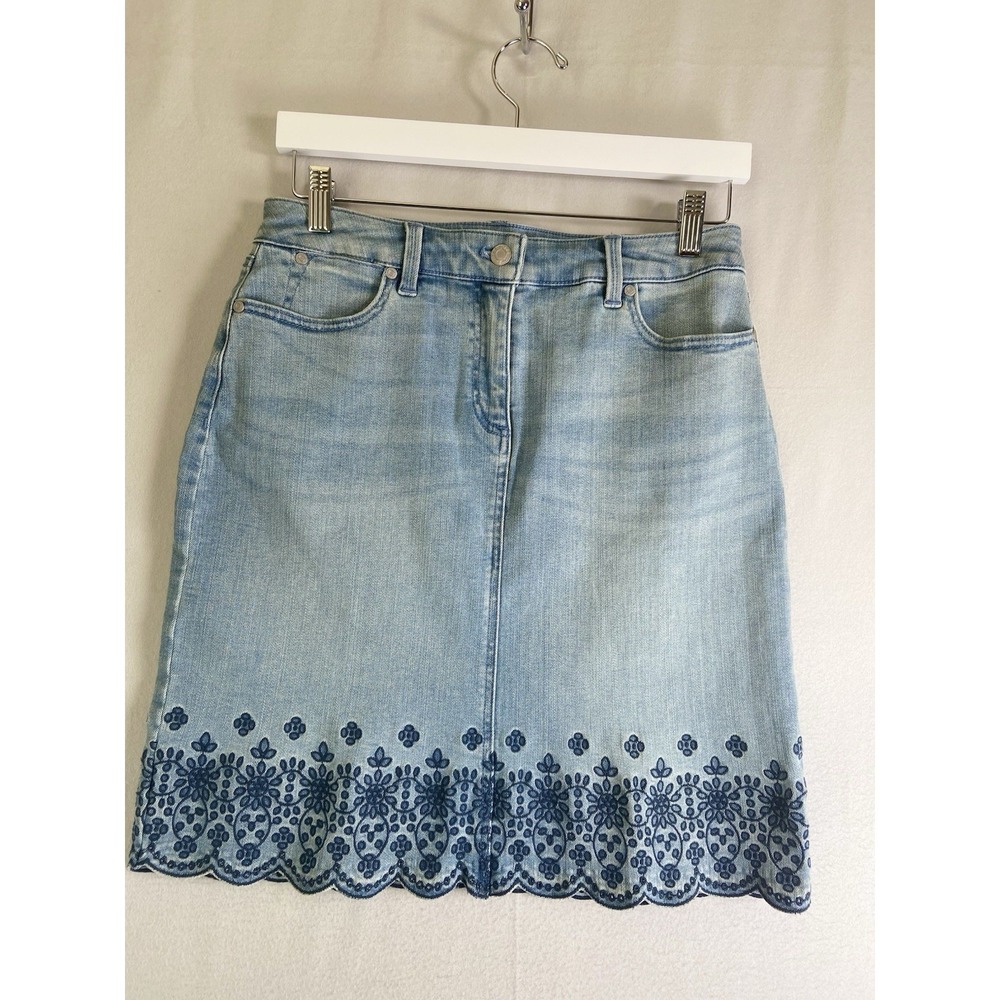 Talbots Denim Skirt Womens 4 Light Wash Embroidered Hem A-Line Knee Length